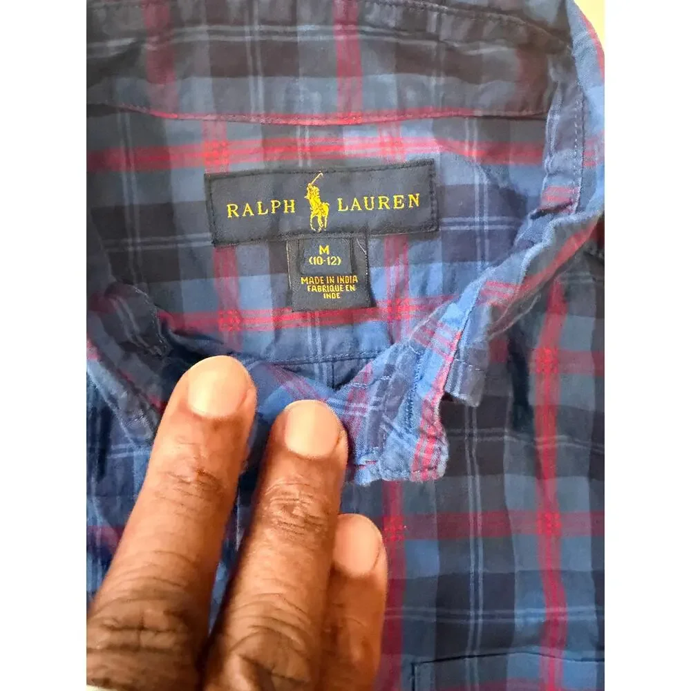Ralph Lauren Boys M 10-12 Blue Red Plaid Button Down Shirt Pony Logo